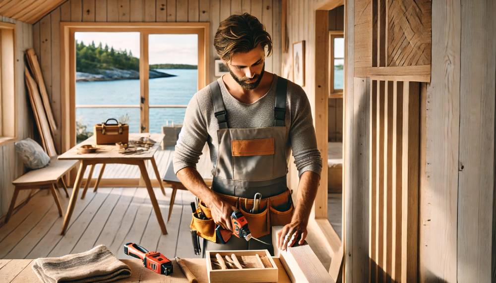En snickare som arbetar på ett hus på Öckerö. Mjukt kustljus, trämaterial, snyggt ordnade verktyg, lugnt blått hav i bakgrunden, modern men naturlig färgpalett.
