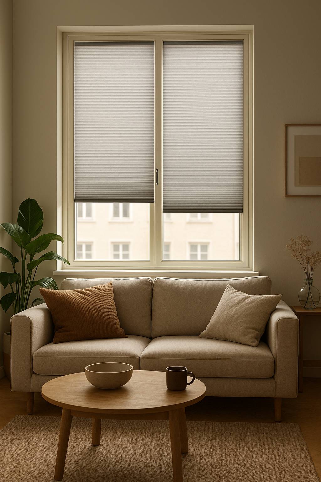 Plissegardiner i ett vardagsrumsfönster